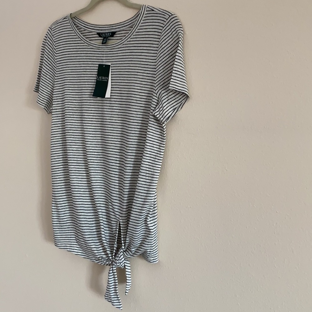 New Lauren Ralph Lauren linen Striped T-Shirt front knot top - Picture 8 of 10